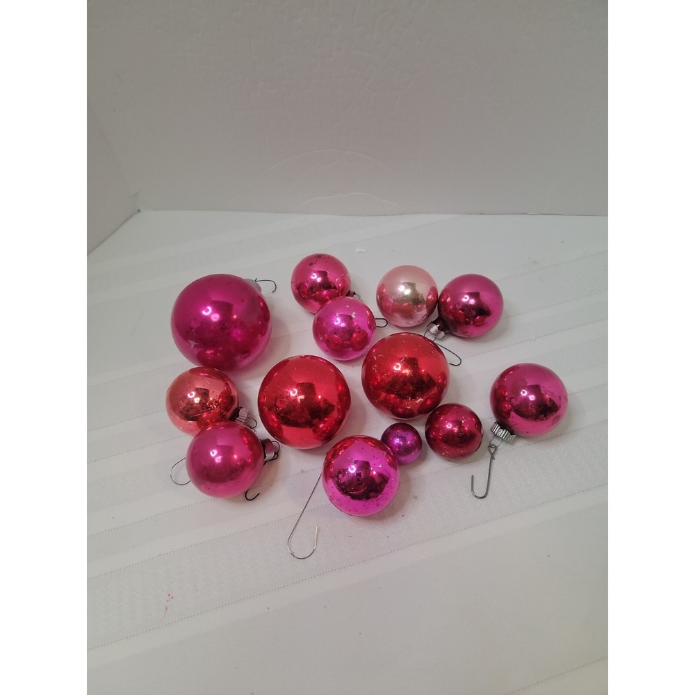 Vintage Glass Bright Pink, Red, Fushia  Christmas Ornaments Lot Of 13 All Sizes
